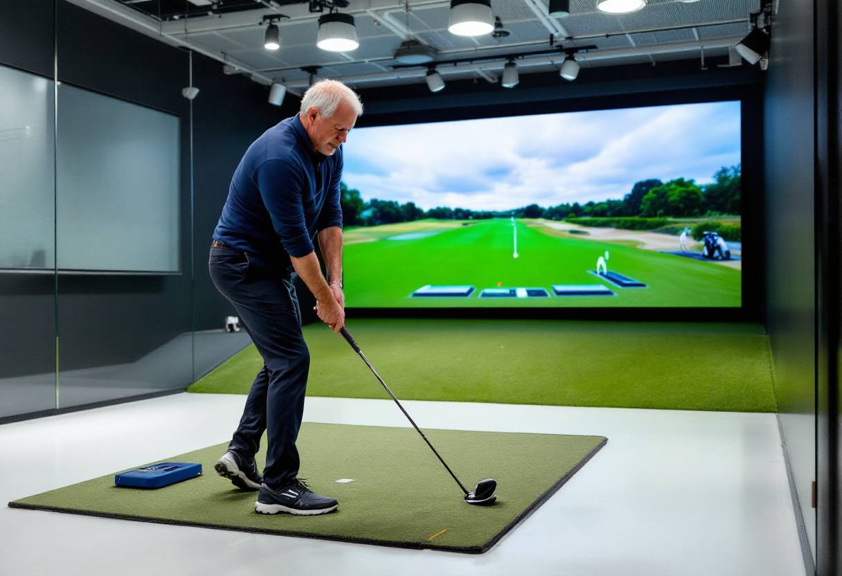 Illustrative image: an older golfer swinging in a simulator studio